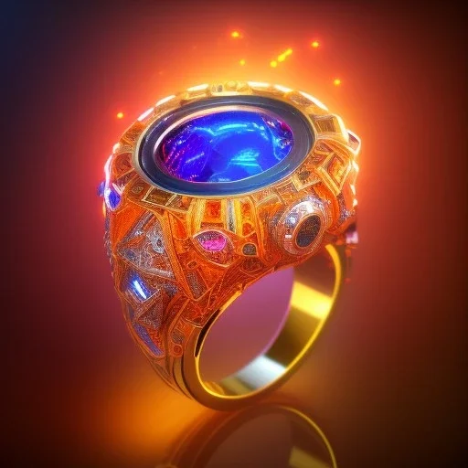 Ring made by wood roots and shreds of glass, orange diamonds sparkles, red rubi fragments around, blue lights reflexes, complex structure, gold details, intricate ring pattern,Unreal Engine 5, lens macro,sharp focus, realistic, hyper detailed, studio lighting, neon light ambient,