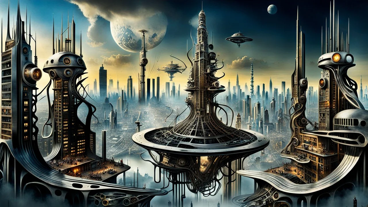 a stunningly weird image of a futuristic metropolis using Salvador Dali's paranoiac-critical method, where buildings and structures appear to melt into the skyline cityscape is filled with floating mad, twisted sharp metal shapes that interact with the buildings and each other, forming a surreal tableau of a dreamlike reality. neu-steampunk vibe, essence of the scene in a cinematic manner, with dramatic shadows that enhance the distorted perspectives and bizarre