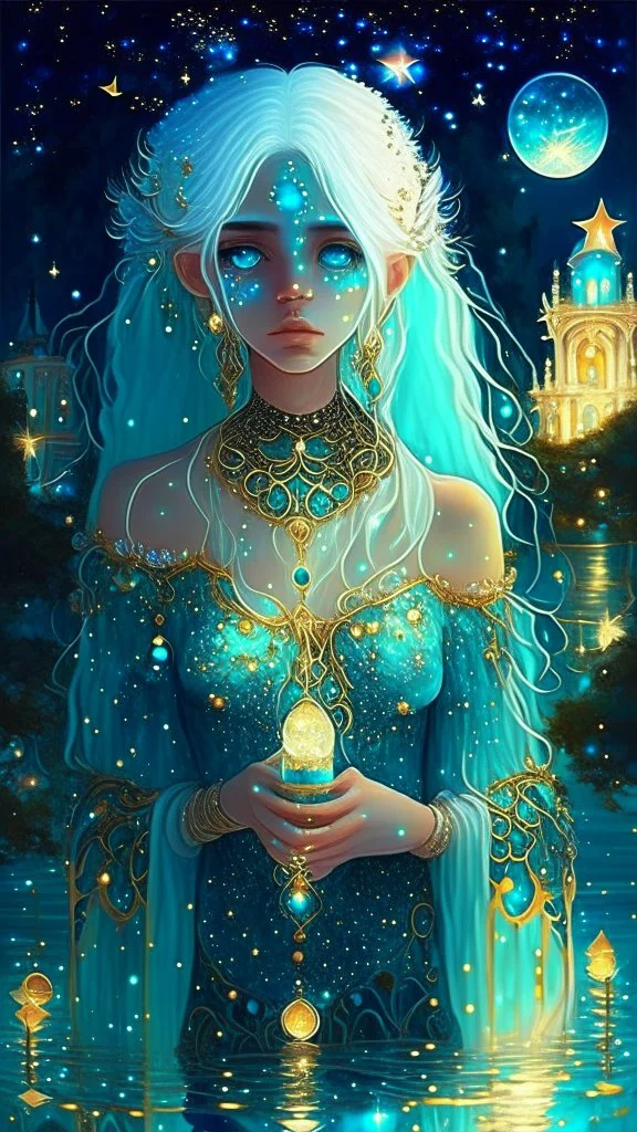 A beautiful girl with glowing starry eyes. And with turquoise hair decorated. And full body. Holds 10 glowing glass beads with a moon inside .girl void. full body Glowing golden eyes and white hair. Standing on a land of water embellished with sapphires and ornate trees. And beautiful buildings. And a sky full of star