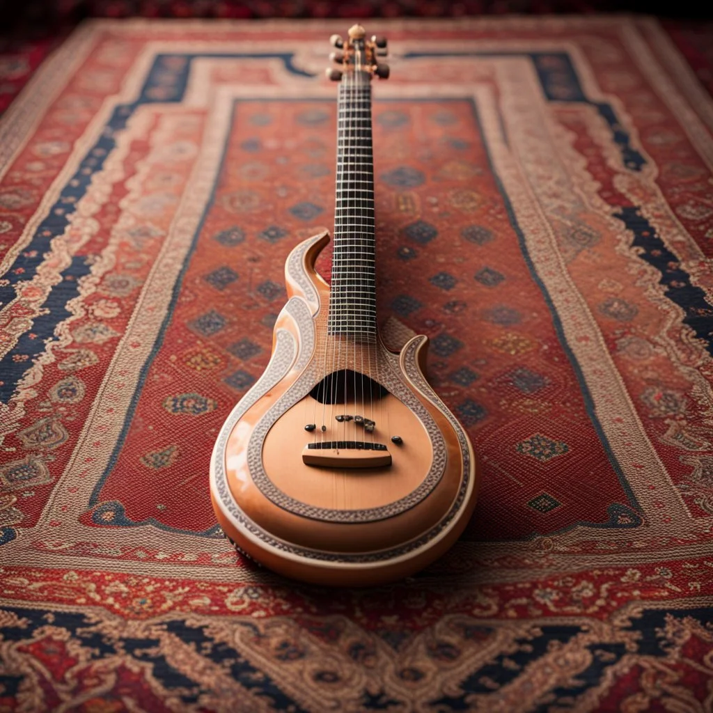 Hyper Realistic Sitar instrument on a traditional indian carpet