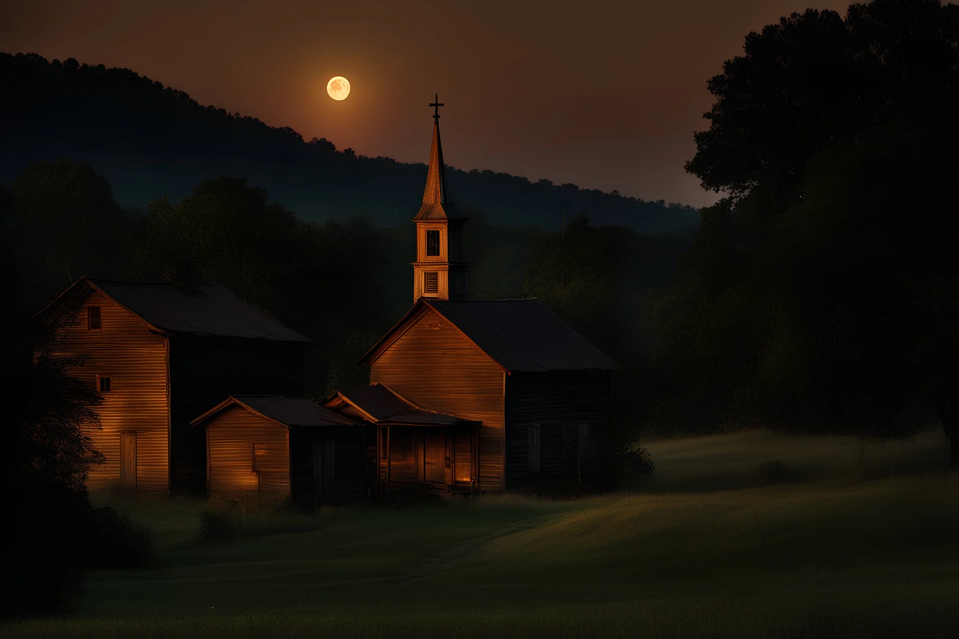 “a dark village in georgia, dark homes, 1912. moonlit night, sleepy town, colored, The camera pans over the small town bathed in the soft glow of dusk. Wooden houses, dirt roads, and the distant silhouette of a church steeple paint a picture of humble simplicity. The quiet is palpable, hinting at secrets yet to unfold.”