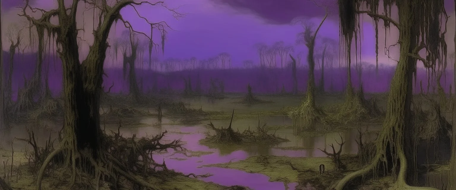 A violet toxic swamp painted by Leonardo da Vinci