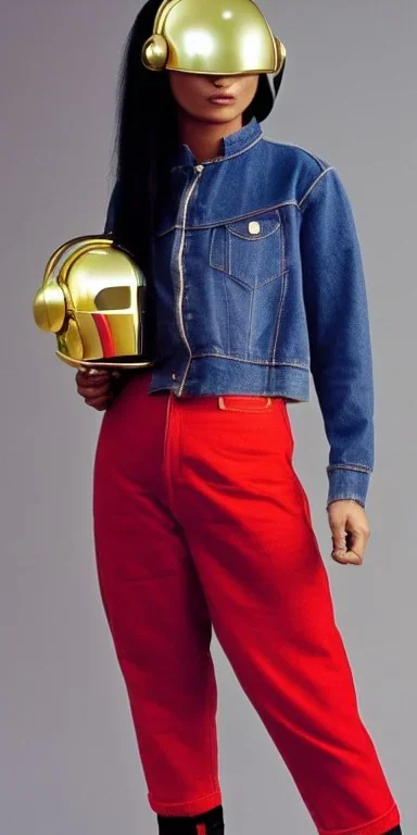 Asa Akira, thick thigh, thick calves. Fashion 2023. Style futurism, 1996, daft punk around the world,details,.Mantle is sewed of recycled Denim and sewed together red felt pieces.Big headphones, with gold rings, is merged with small felt cap with small visor. A bag is integrated to the mantle. Big camouflage Patterns are composed of orange, cream, blue, lilac and purple. blue latex. It is with big bright purple felt tippet and cream-colored-hood. tippet