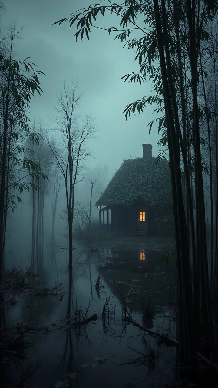 A swamp surrounded by bamboos long trees in cloudy, depressing, foggy, with a dark light at night in the distance , there is an abandoned cottage of an old house covered with leaves. A light inside the house though the window, Bruegel painting style