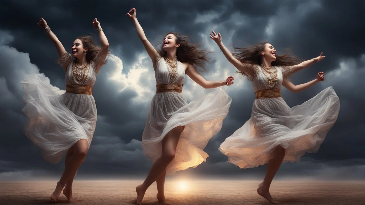 Hyper Realistic happy young-Pushto-women dancing with cloudy sky & dramatic ambiance at night