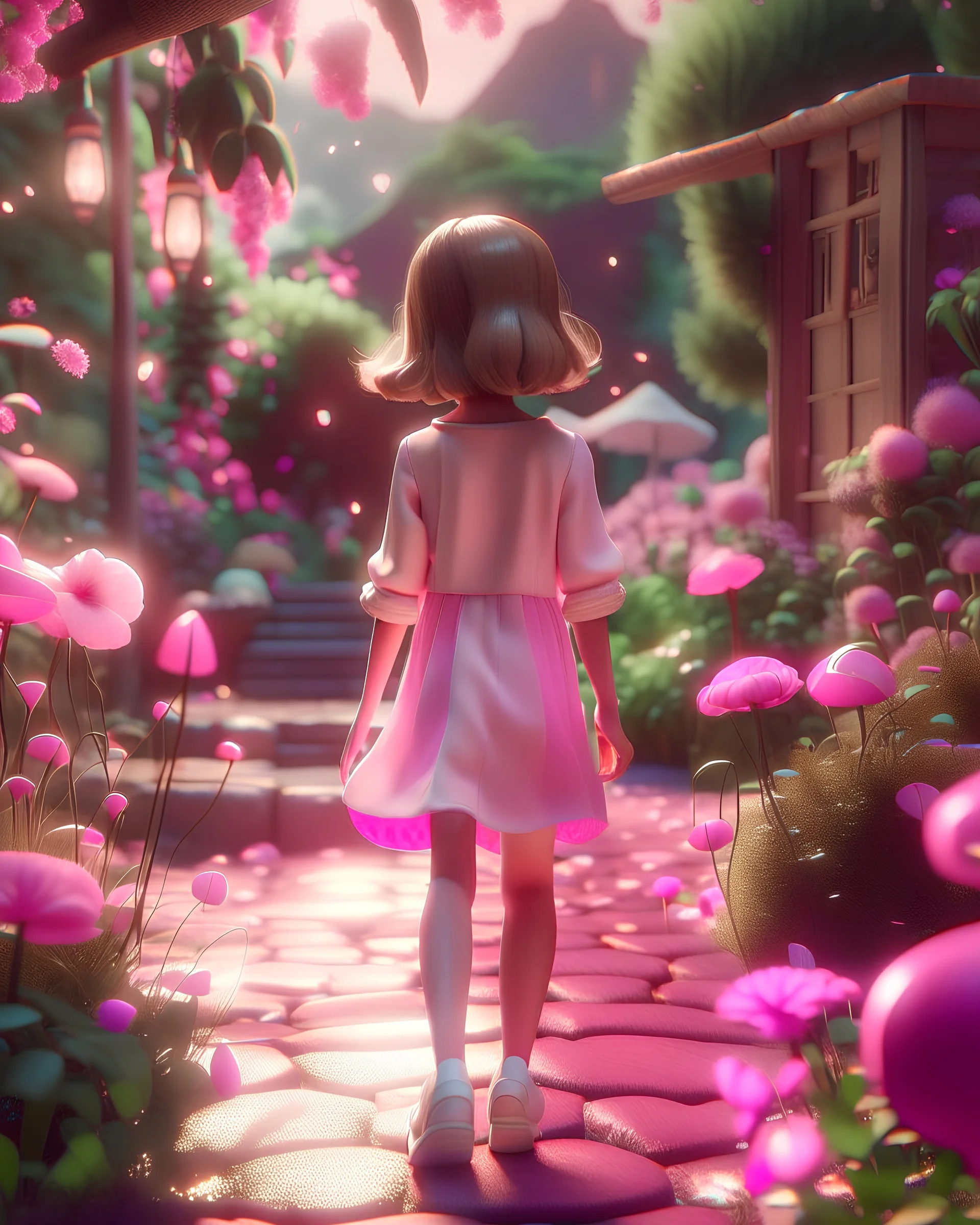 In the garden walking among the flowers, cute girl 8 years old, light pink silk skirt, illustration, wearing slippers on foot, high heels, hair Brown blowing, cinematic, glitter, glitter, perfect, 4K, 3d, high resolution, Barbie style, sunlight best quality, high resolution, detailed work, po-processing, perfect result