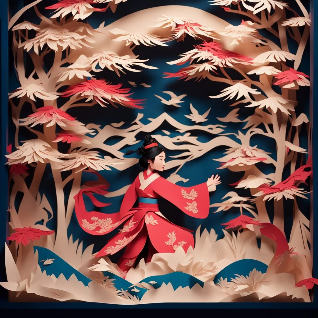 A mesmerizing paper-cut animation of the iconic tale of Mulan comes to life on the screen. Every delicate detail meticulously crafted out of paper unfolds before your eyes, showcasing the determined spirit of Mulan. The intricate paper scenes blend vibrant colors with the ancient art of papercutting, capturing Mulan's courage and determination as she goes against societal expectations to protect her family and honor. This enchanting animation captivates viewers with its exquisite precision and a