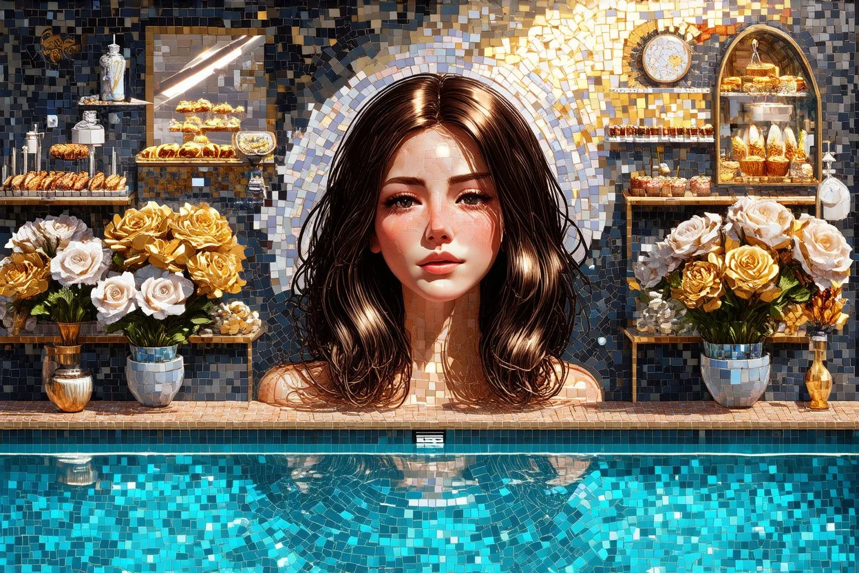 pool mosaic, 3D mirror pieces, beautiful composition, holographic marble pieces, brunette female, dessert shop, flowers, ethereal in sunshine, shading pastel and charcoal golden and ochre, golden glitter, , golden patina, corrosion