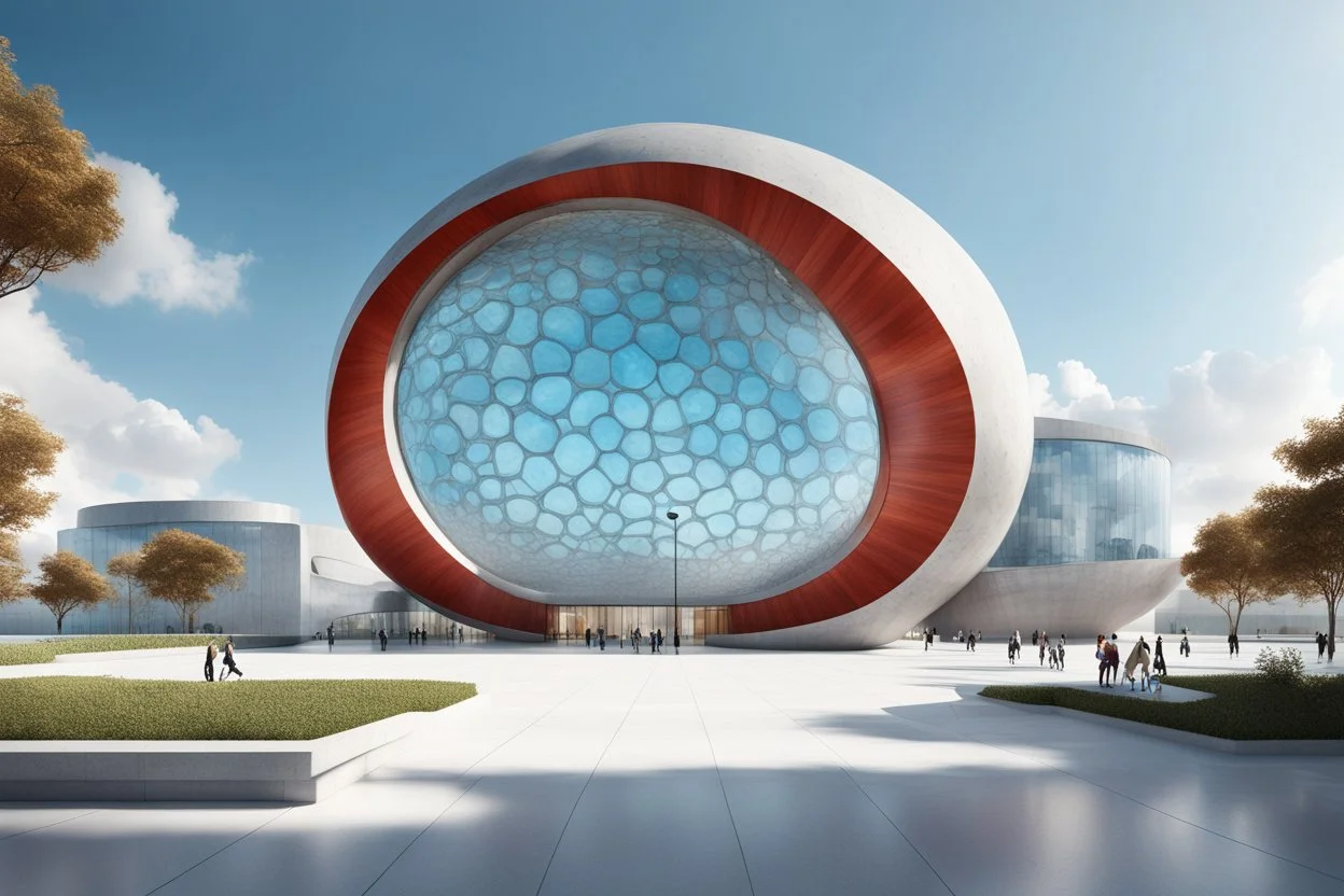 3D representation of architectural wonder, with a concrete design and matte reddish glass that contrasts with the light blue sky, emphasizing organic movement. Its design represents an ant with a bulbous tail and membrane wings with solar panels, its tail is made of concrete and glass. It stands out from pedestrians, creating a sense of scale. In open space, its use is a public place and as a great viewpoint in the mountains Combination of practicality and artistic expression in architecture