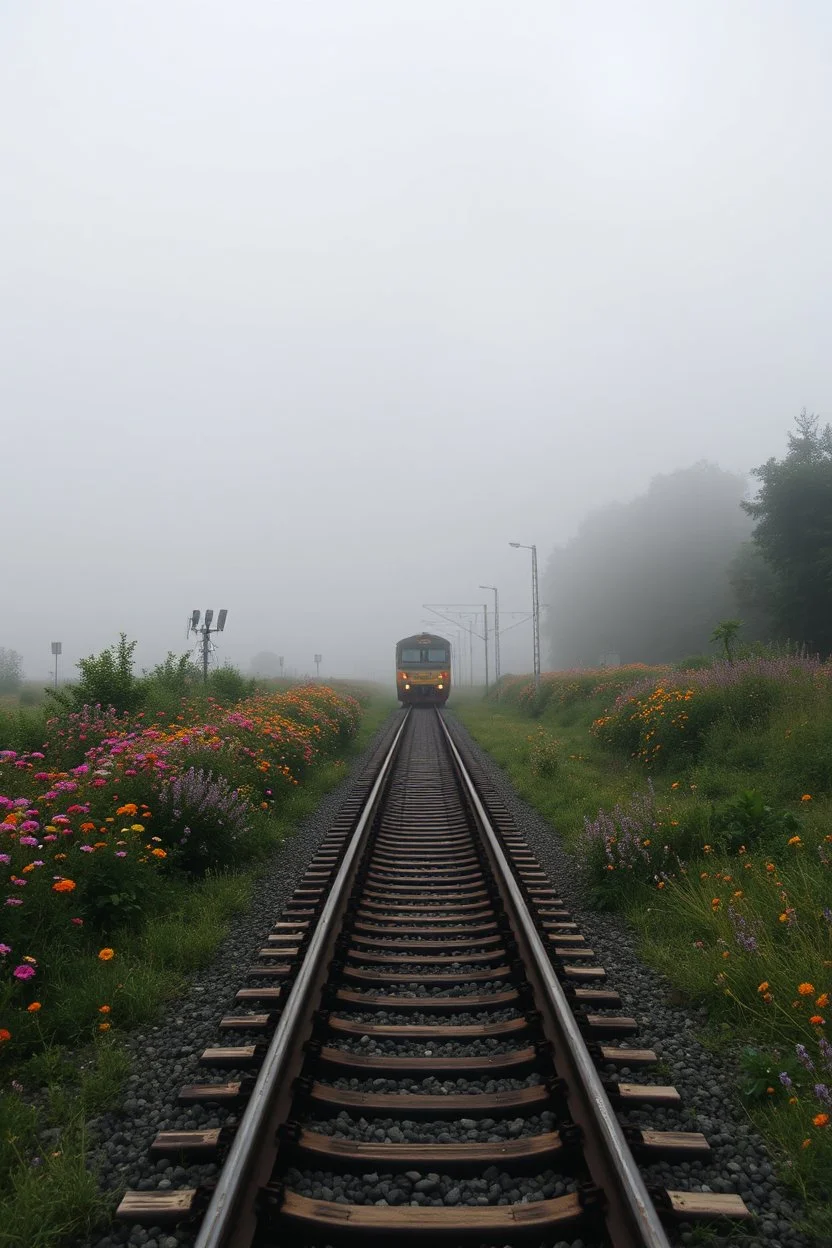 a train tracks in it a lot of colorful wild flowers , a train shows is coming forward , foggy, cloudy gray sky, and thunders