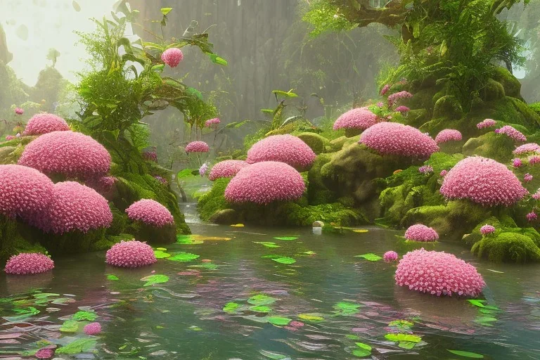 big pink FLOWERS, RIVER RAIN FOREST, trending on artstation, octane render