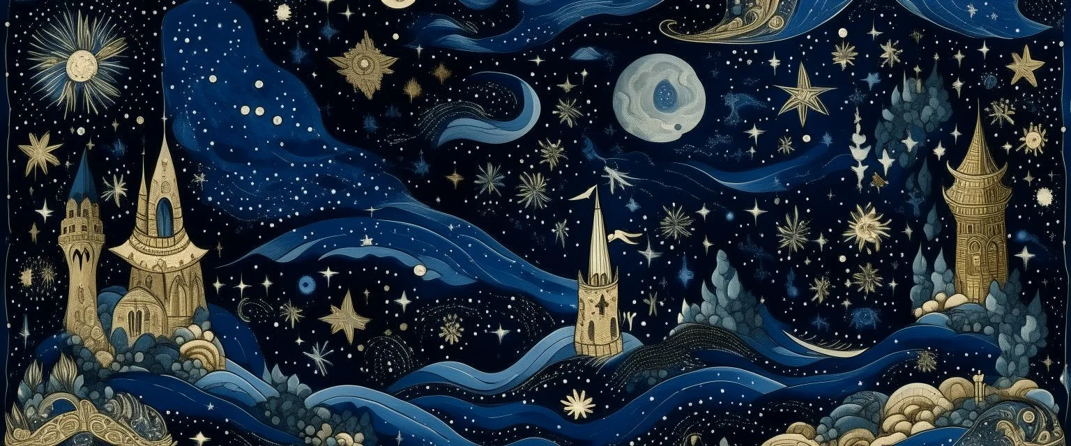 A dark blue outer space with diamond meteors designed in medieval tapestry painted by Edward Hicks