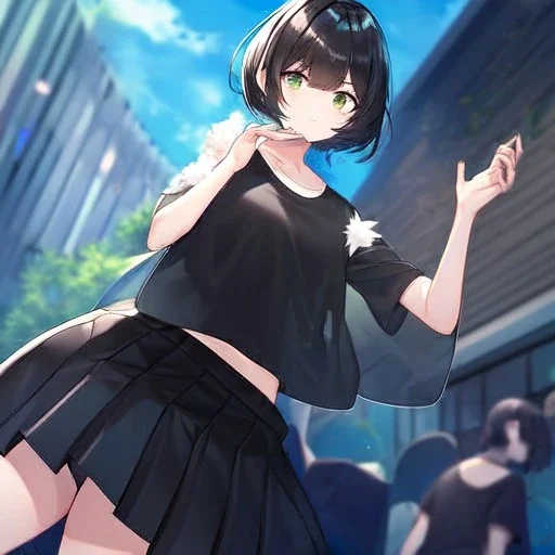 Clear focus, High resolution, fluffy black short hair, dark green eyes, wearing a black t-shirt and pleated black skirt, fluffy hair, detailed outfit