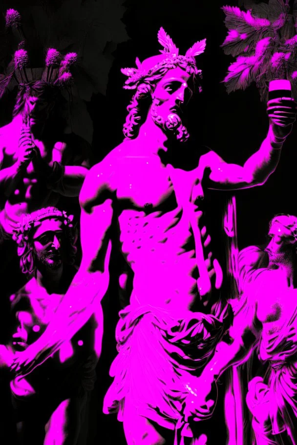 Dionysian rite of sparagmos; black and white with neon pink; Renaissance