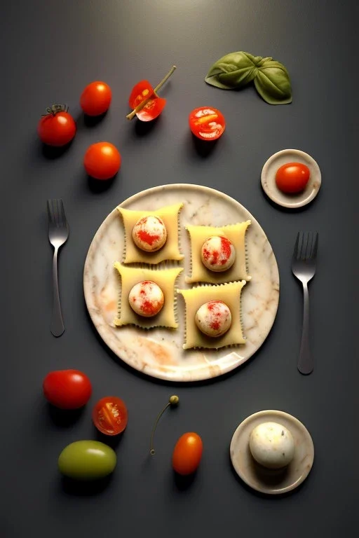 Raviolis, Italian Renaissance style still life consisting of a plate of Italian ravioli with natural cherry tomato and basil accompanied by olives, moisture ambient, natural ornaments, ceramic, marble, high kitchen, smooth, god rays, unreal engine 5, ray tracing, RTX, lumen lighting, ultra detail, volumetric lighting, 3d.