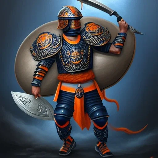 a fierce warrior in full navy blue and orange battle armor, with an S-shaped shield, holding a basketball, background of Inka jungle, a highly detailed illustration, realistic render, 8 k, micro detail, intricate, elegant, centered, digital painting, Artstation, smooth, sharp focus, illustration, artgerm, tomasz alen kopera, peter mohrbacher, donato giancola, joseph christian leyendecker, wlop, boris vallejo