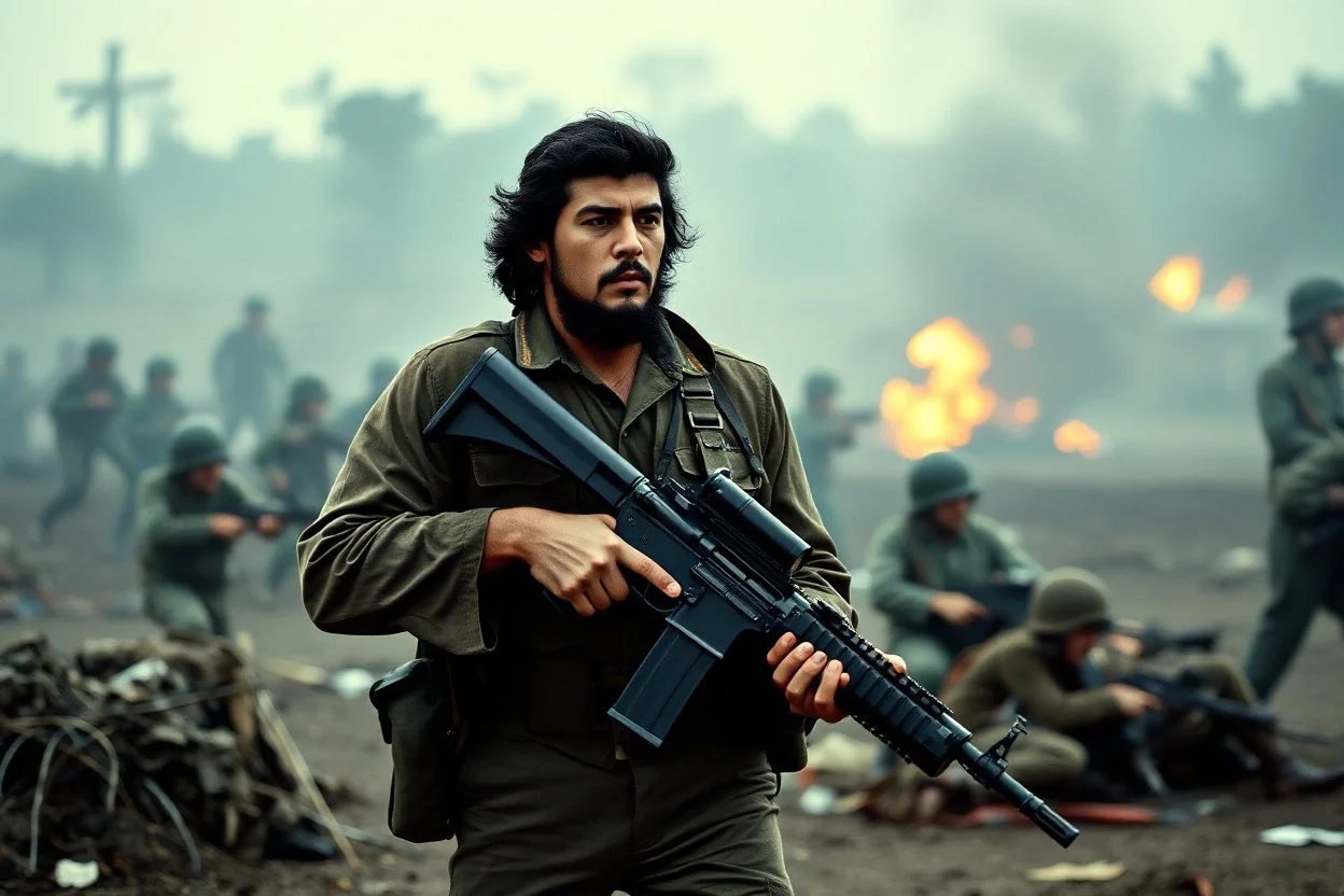 color image of Che Guevara standing with heavy gun in hand in a fighting area
