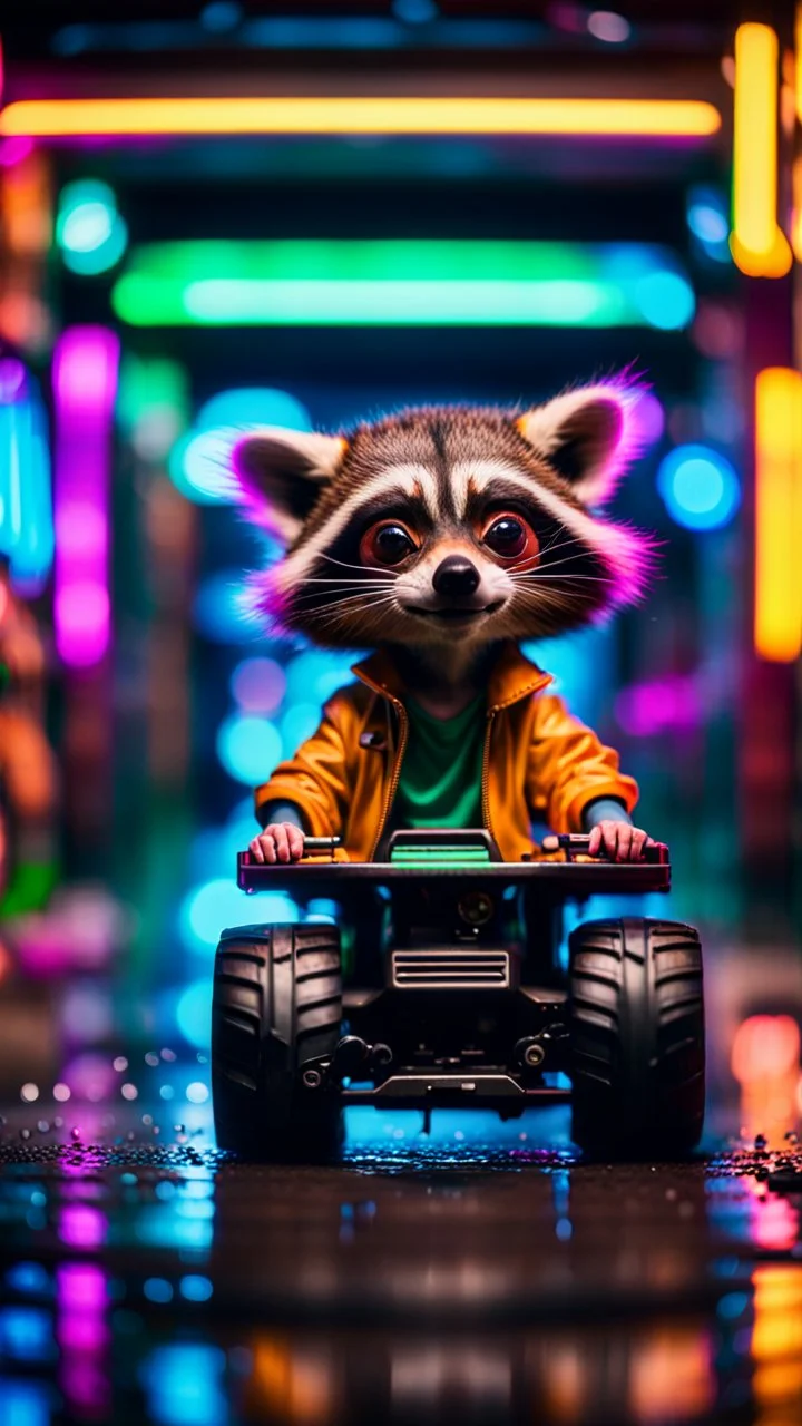 portrait of racoon Hairy Gremlin myth buster pimp ninja yoga cyber punk in flying hipster lawn tractor parked in dark neon lit reflective wet arcade hall tunnel,bokeh like f/0.8, tilt-shift lens 8k, high detail, smooth render, down-light, unreal engine, prize winning