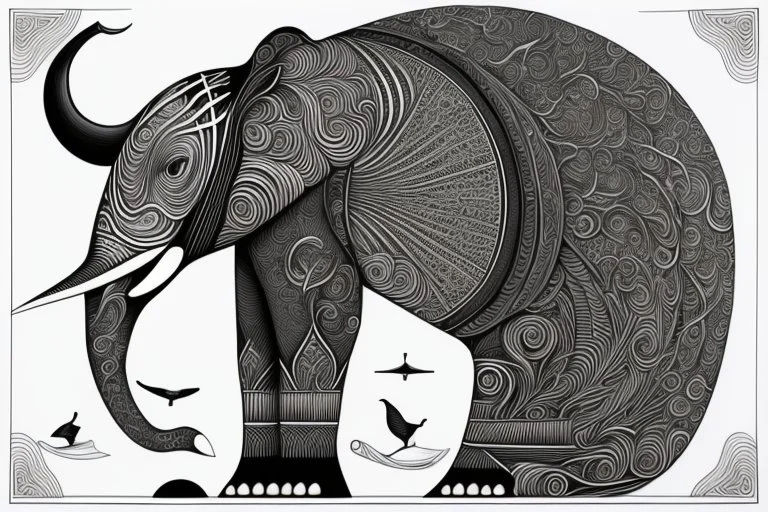 line drawing, of a beautiful surrealistic image of both animals together, create an orca and a flying elephant ;made exclusively of music symbols, background is horizontal parallel lines like staffs and piano keys at bottom, symbols are discernible, overall exquisitely detailed, elegant, extremely intricate, high definition, dope, innovative, line art, contemporary art, fractal pencil drawing,