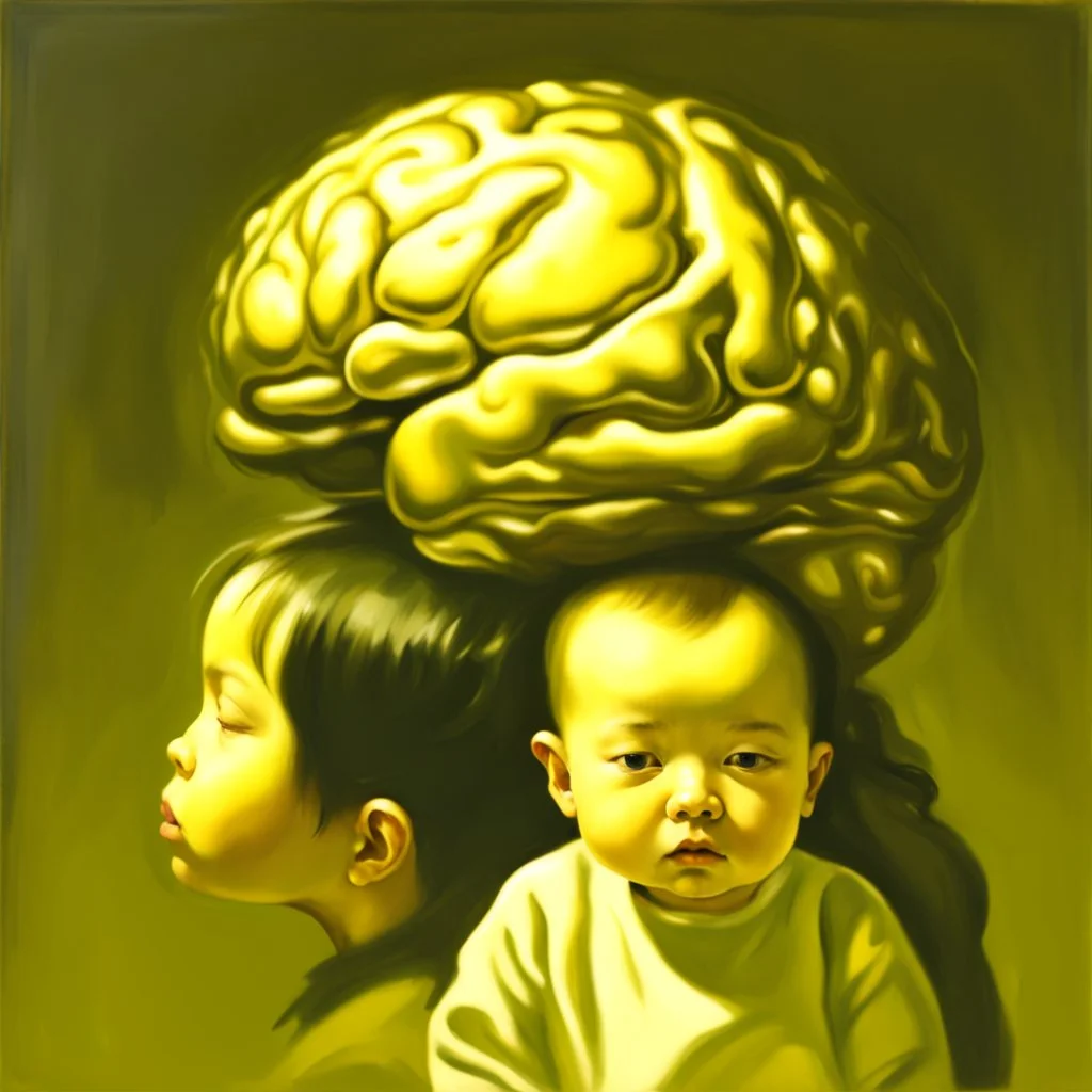 a huge golden brain supported by very small beautiful Asian female human bodies, complex surgical instruments mix a newborn boy between light and shadow, surrealism, symbolism, minimalism, sculpture by Adrian Ghenie, Lucian Freud, Rene Magritte, Salvador Dali