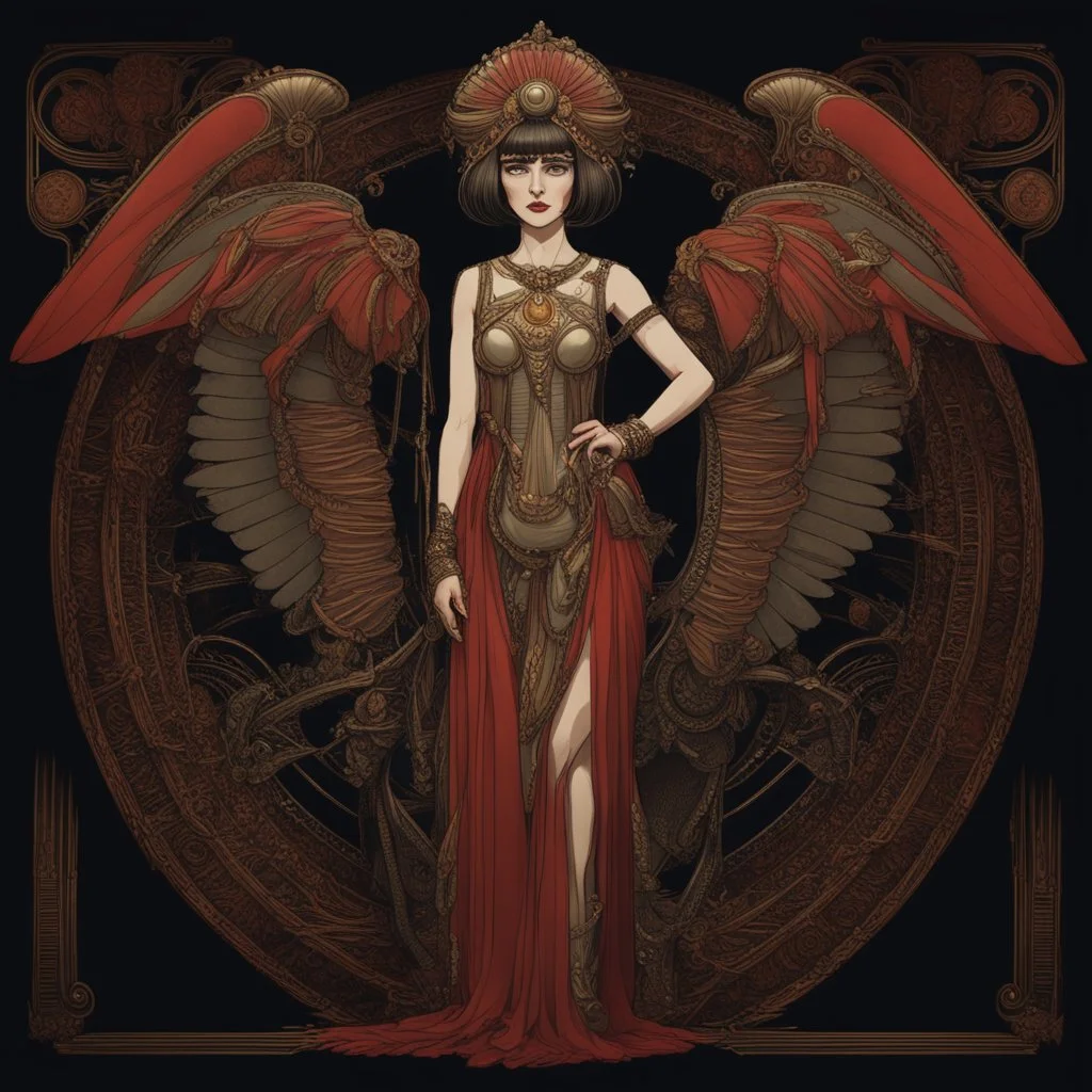 Full Body, Art Nouveau Woman With A Bob With A Fringe Hairstyle, Cleopatra Clothing, Steampunk Metal moth with red wings, Black Background