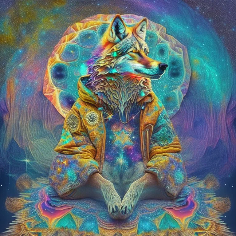 celestial psychedelic wolf made of fractals wearing a mexican jacket sitting on. giat mushroom in between stars