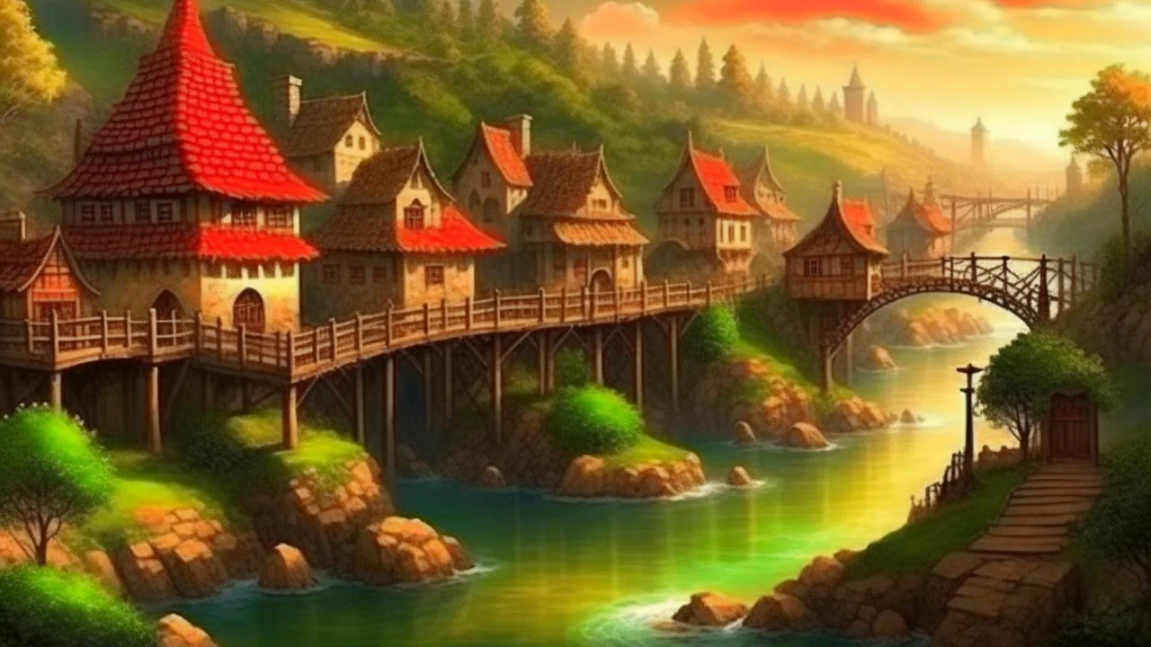 Fantasy art: fantasy village on the river with dam