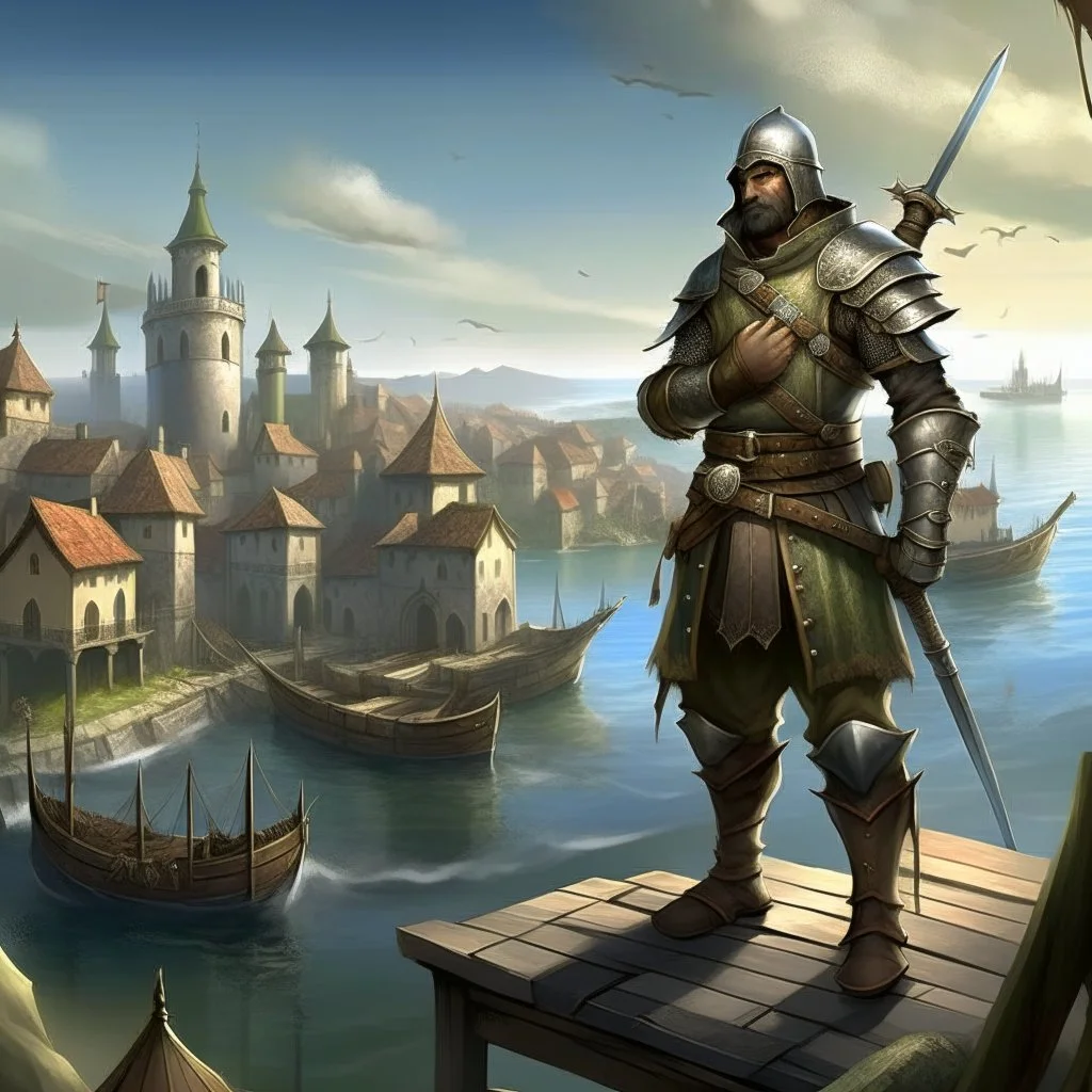 conquistador inspired fantasy city guard with harbour in the background