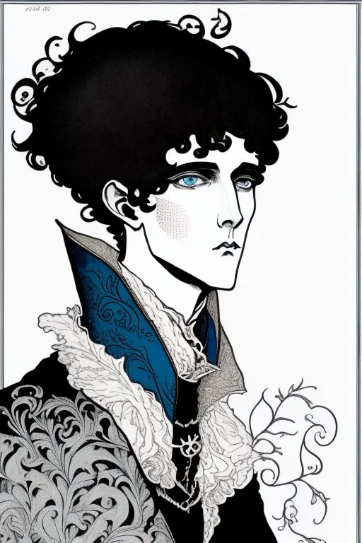 Black haired blue eyed freckled young male warlock in the style of aubrey beardsley