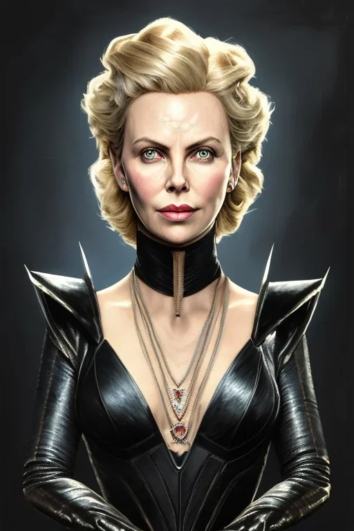 painting of charlize theron as evil queen in black leather, feminie, angry, stern look on her face, volouptous, busty, cleavage, emperious, mature, highly detailed, digital painting, artstation, concept art, smooth, sharp focus, illustration, art by gaston bussiere and alphonse mucha