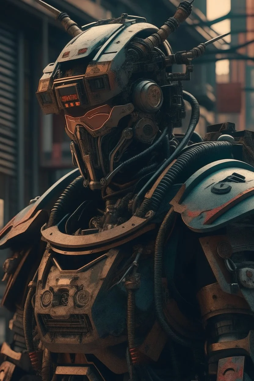 Close image of Anime depiction of a cybernetic samurai in a post-apocalyptic setting, focusing on the intricacies of the armor and weaponry, 8k realistic