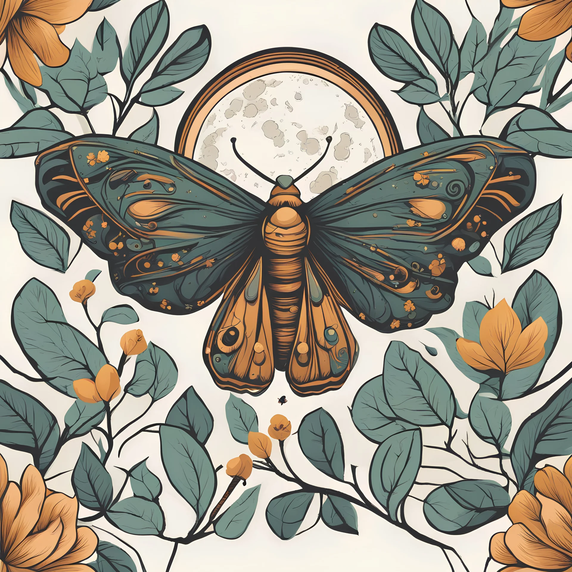 Best quality, masterpiece, ultra high res, detailed, illustration, design, flat vector style, high resolution, illustraTed, shadows and light, aesthetic, modern, ambient lighting, flat colors, vector illustration, moth, moon, leaves, stars, flowers, sailor jerry tattoo, old school tattoo