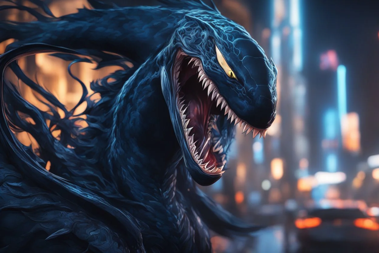 Huge venom in 8k solo leveling shadow drawing, shark effects, neon blue lights, sea, intricate details, highly detailed, high details, detailed portrait, masterpiece,ultra detailed, ultra quality