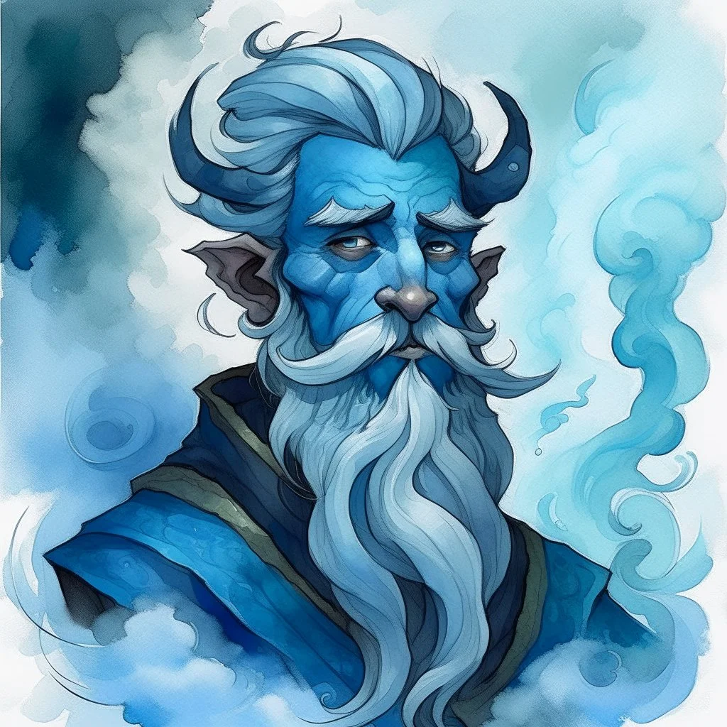 dnd, fantasy, watercolour, humongous strokes, stylistic, portrait, illustration, dull colours, man, face, descendant of cloud giants, no beard, blue skin, ethereal
