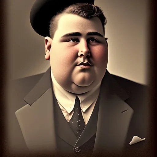 A 1930s Italian-American businessman in his 20s with a bowler hat and a tattered suit. He is obese and has a sad expression on his face. He is facing the screen.