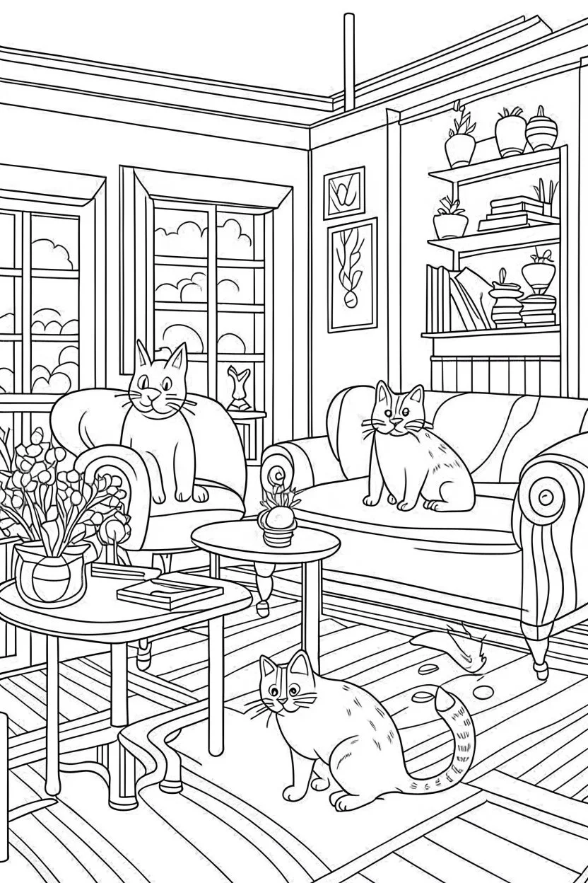 coloring page for kids, Cats in the living room, cartoon style, thick lines, low detail, no shading