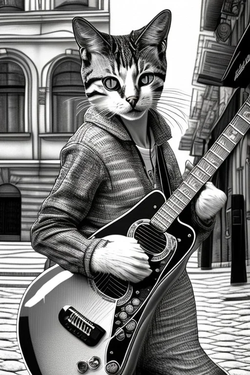 One single mature street cat, friendly, playing guitar, vienna, sunny day, perfect iris, model style, hyper realistic, extremely accurate, delicate, extremely detailed, Graphic novel style, wide-angle, open aperture, superfine pencil