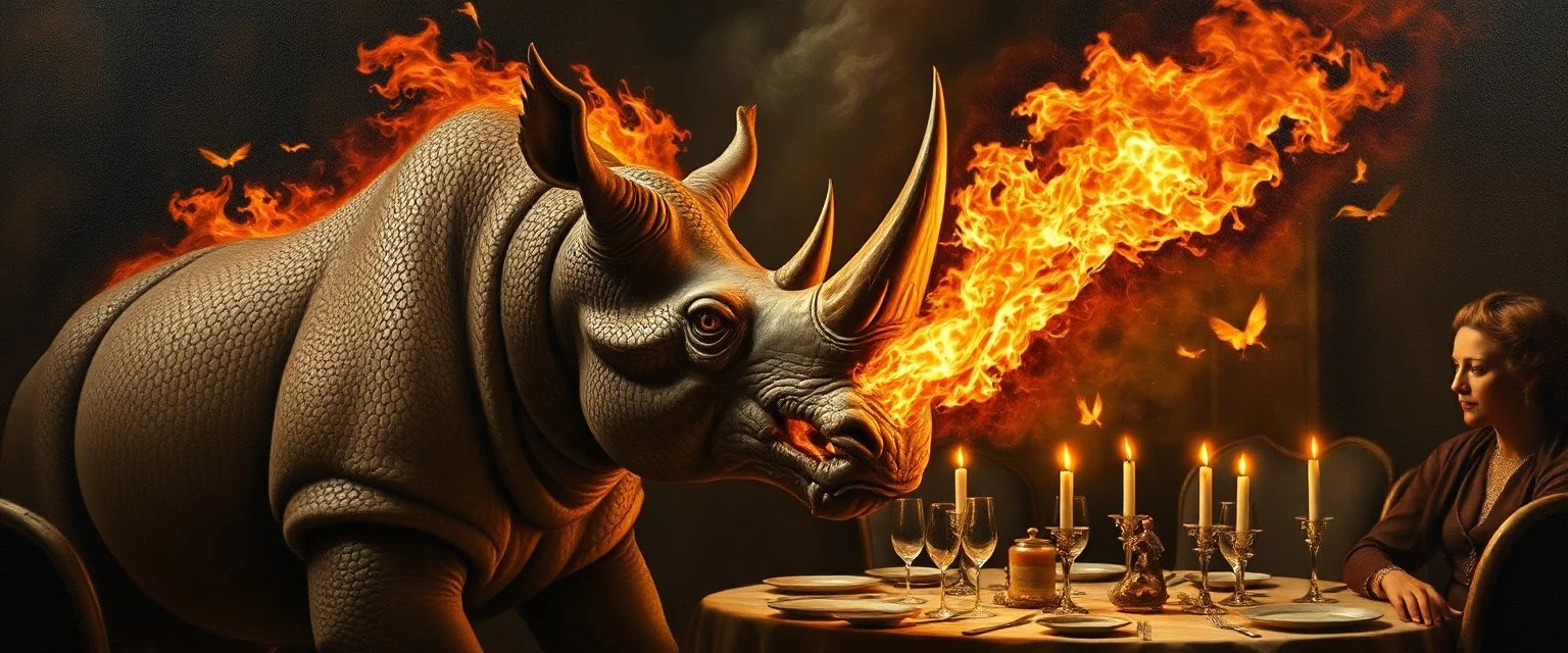 portrait painted by Rembrandt, stupid looking fire breathing dragon rhino at banquet