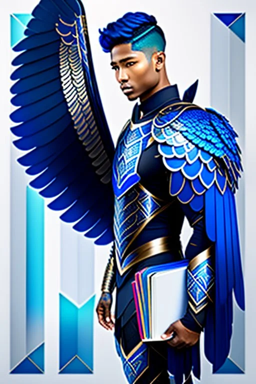 a human male with blue short hair and blue wings in an assymetrical armor with geometric patterns and a book in hand