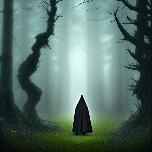 Male, Dark hair, Digital Art, Bow in hand, Hooded Cloak, Dark Forrest background