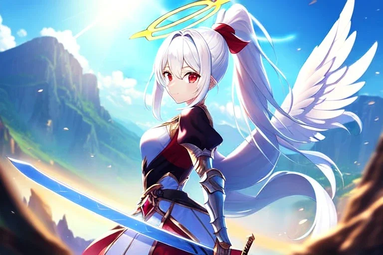 girl, masterpiece, best quality, volumetric lighting, detailed outfit, perfect eyes, long hair, white hair, red eyes, ponytail, armored dress, dynamic pose, halo, white wings, sword, landscape, fisheye, lens flare abuse,