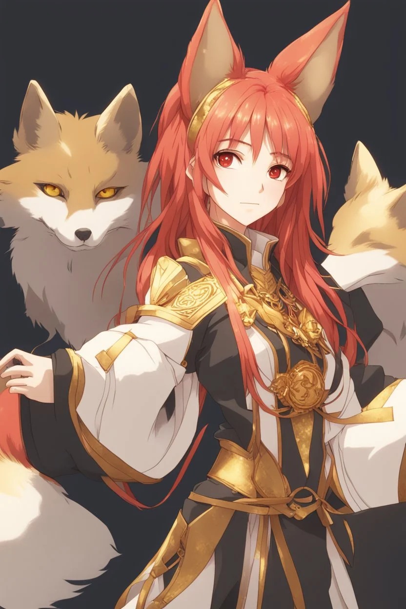 An anime adult female with red hair and gold eyes, fox ears