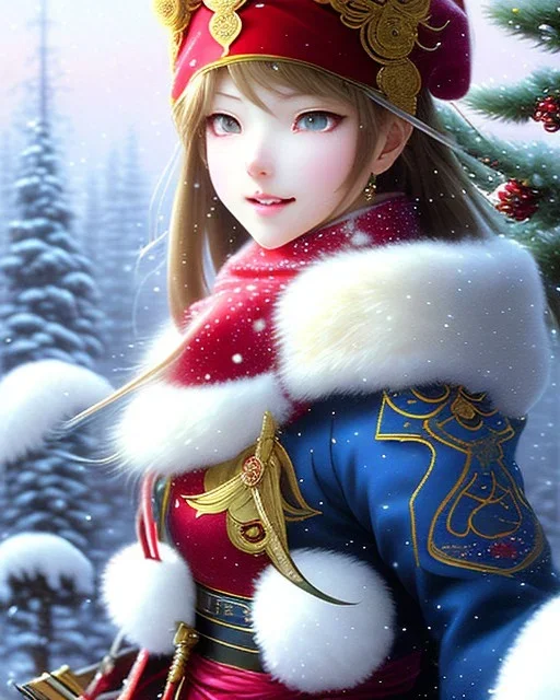 Detailed cute happy anime Kunoichi Christmas snow, Christmas colours, intricate details, full body portrait, keep head in frame, slight smile, black Japanese motif, concept art, highly detailed, digital painting, concept art, sharp focus, illustration, art by Yoji Shinkawa, WLOP and greg rutkowski and alphonse mucha and artgerm and yanjun Chen and Junji ito and Makoto Shinkai, HDR, octane render