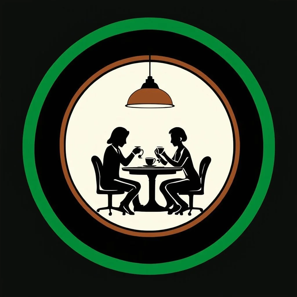 A circular logo for a cafe called (cofe didar) with a distinctive green border, in the center of which are two people sitting at a two-person table drinking coffee and a light above their heads.