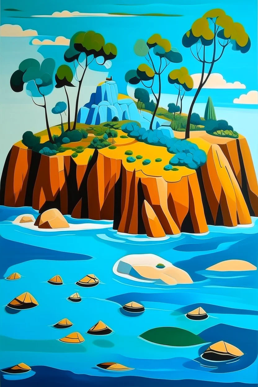 A light cerulean blue island with a cave designed in Australian aboriginal art painted by Stuart Davis