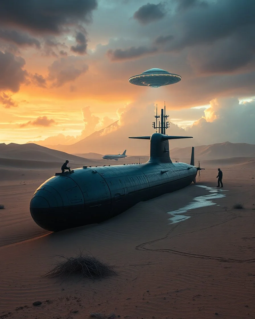 A nuclear submarine left in the desert with sands and a little water and stormy clouds ,moved by a ufo spaceship and aliens are surrounding the submarine examining the submarine is tied by iron rob lefter it up by the ufo spaceship