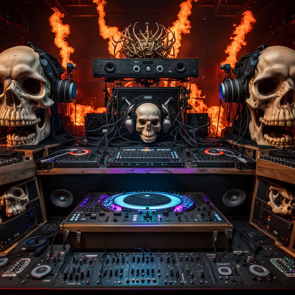 DJ of the damnded, insanely detailed DJ booth in hell, MID set, speakers and equipment made of bone, anatomically correct, add more skulls in th audience, photorealism, vray, 8k 3d, woofers in all empty eye sockets of stage equipment, wide angle, telephoto, from audience, all multicolored skulls,