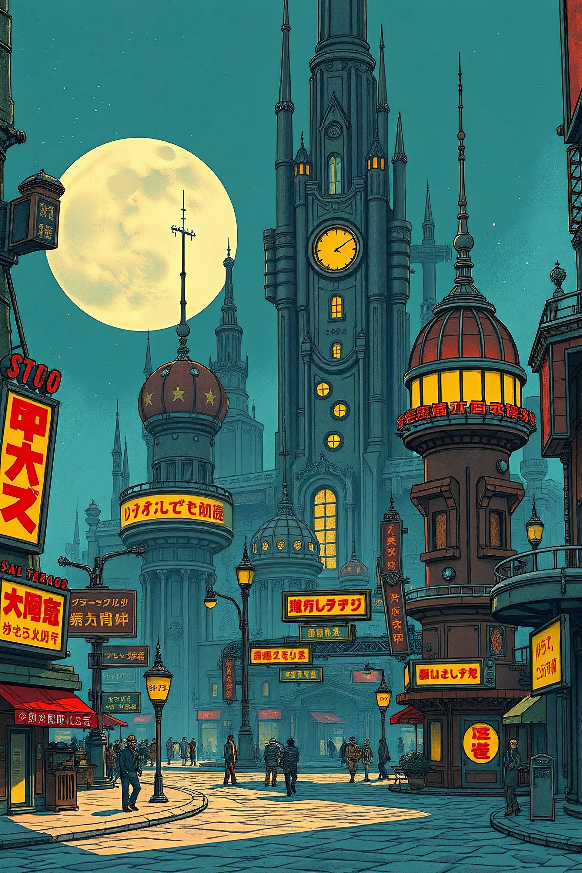 sci-fi/fantasy city, unique culture, unique buildings, signs in a fantasy language, retro-futurism, Jean Giraud artstyle, Sam Bosma artstyle, Thomas Hayman artstyle