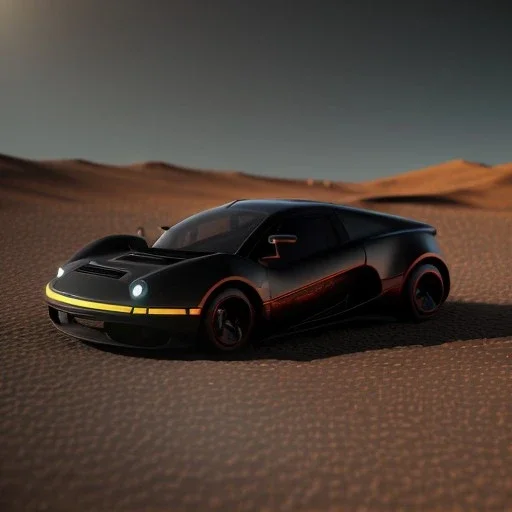 3d rendering. futuristic black yellow car. Buried in desert sand. Lost in Time, cinematic lighting