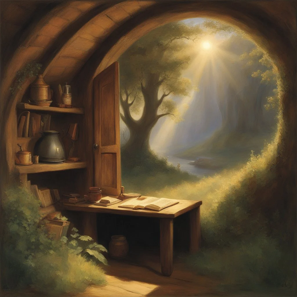 [art by ALBERT BIERSTADT] In the cozy confines of his hobbit-hole in the Shire, from his small wooden desk, you admire the morning sunlight streaming through the window, casting a warm glow. you gazed out at the lush greenery that surrounded his home. The gentle breeze rustled the leaves of the nearby trees, carrying with it the sweet scent of wildflowers and the distant sound of birdsong.